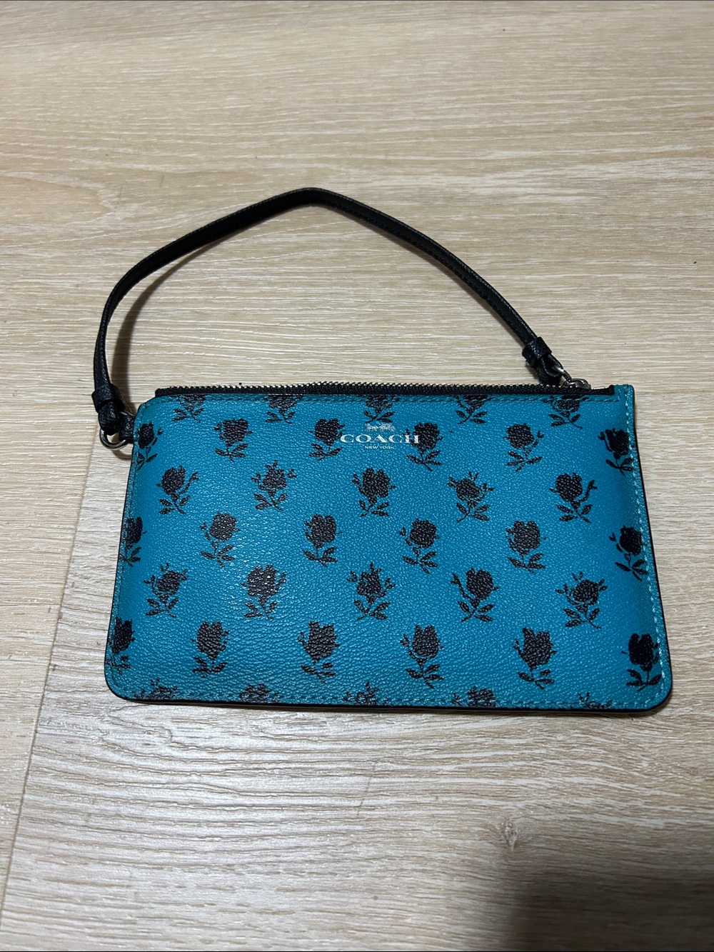 Coach Teal Floral Wristlet with Black Strap